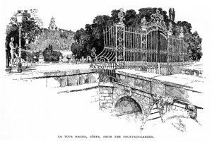 Nimes (Gard, Languedoc): der Magne-Turm vom Fontaine-Garten aus gesehen, 1888