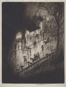 Regnerische Nacht, Geschäfte am Charing Cross von Joseph Pennell