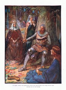 Nachts, wenn sie sich um die Wachfeuer versammelten, las der König Geschichten aus alten Büchern vor von Joseph Ratcliffe Skelton