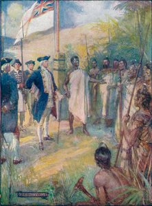 Cook sagte den Maoris, dass er gekommen sei, um eine Markierung auf ihren Inseln zu setzen, ca. 1908, ca. 1920