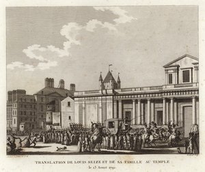 Menschenmengen versammeln sich um die Kutsche, die Louis XVI und seine Familie trägt