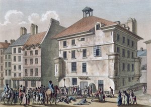 Die Septembermassaker: Das Massaker im Abbaye-Gefängnis bei St. Germain des Prés, 2.-5. September 1792, graviert von Reinier Vinkeles (1741-1816) und Daniel Vrydag (1765-1822) (Farbstich)