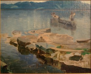 Felsenzunge im Eibsee mit Fischern von Joseph Wopfner