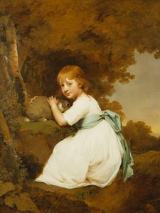 Porträt von Miss Bentley, sitzend, ganzkörper, in einem weißen Kleid, hält ein Kaninchen in einer Landschaft, ca. 1781 von Joseph Wright of Derby