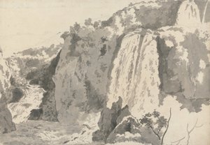 Felsige Landschaft mit Wasserfällen von Joseph Wright of Derby