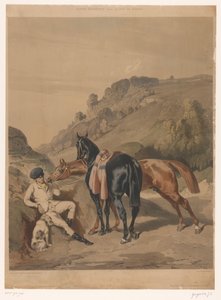 Zwei Pferde mit ruhendem Reiter in einer Landschaft