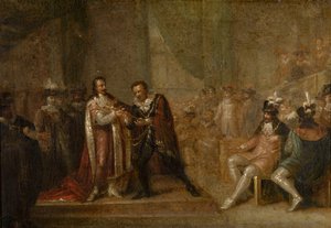 Peter Paul Rubens nimmt ein Schwert von Karl I. von England entgegen von Joseph de Cauwer