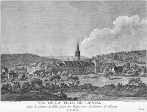 Ansicht der Stadt Liesthal im Kanton Basel, von einem Weinberg am Fluss Ergolz aus gesehen
