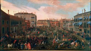 Die Stierjagd auf dem Campo San Polo in Venedig im Jahr 1648. Traditionelle Stierjagd mit besonders wilden Hunden. Gemälde von Joseph Heintz der Jüngere (1600-1678). Venedig, Museo Correr von Joseph the younger Heintz