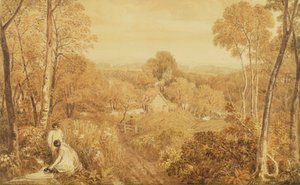 Waldlandschaft mit Hütten und Landfrauen, Hurley, Berks, 1818 von Joshua Cristall