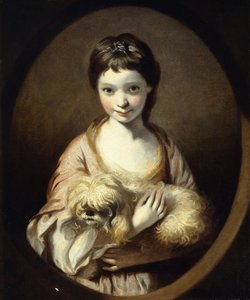 Porträt von Miss Emilia Vansittart, Halbfigur, in einem rosa-weißen Kleid, einen Hund haltend, ca. 1767-68