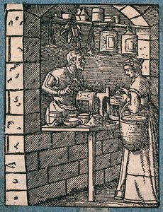 Ein Laternenmacher bei der Arbeit, spricht mit einer Kundin, die eine fertige Laterne inspiziert. Holzschnitt von J. Amman. von Jost Amman