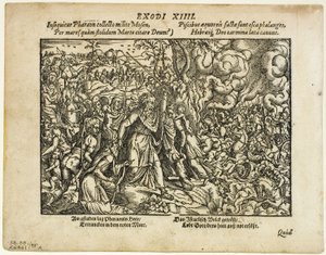 Der Durchzug durch das Rote Meer (recto) und Das Begräbnis von Jakob (verso) aus Neuwe Biblische Figuren, Tafel 48 aus Holzschnitten aus Büchern des XVI. Jahrhunderts von Jost Amman