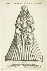 Vidua Senensis in Hetruria (Witwe von Siena in der Toskana) aus H. Weigels Trachtenbuch, Tafel 51 aus Holzschnitten aus Büchern des XVI. Jahrhunderts von Jost Amman