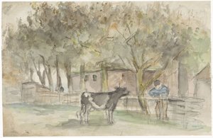 Landschaft mit einer Kuh und einem Bauern