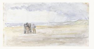 Mann mit Pferd und Wagen am Strand