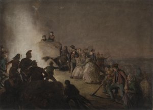 St. Hansaften. Bauern, die auf einem Hügel ein Feuer entzündet haben, tanzen um die Flammen von Jørgen V. Sonne