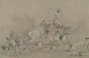 Ziehende Herde mit einer Hirtin auf einem Maultier von Jérôme François Chantereau