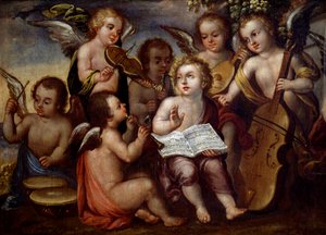 Jesuskind mit Engeln, die Musikinstrumente spielen von Juan Correa