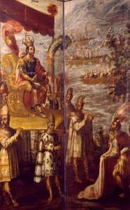 Montezuma, Detail aus dem Treffen zwischen Cortes und Montezuma, zugeschrieben Juan Correa (1645-1716)