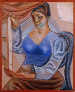 Frau mit einem Gemälde von Juan Gris