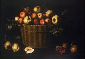 Korb mit Äpfeln, Quitten und Granatäpfeln