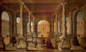 Philipp IV. und seine Königin in einer Kolonnade, ca. 1630 von Juan de la Corte