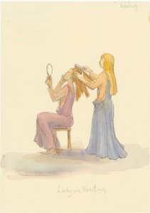 Eine mittelalterliche Hofdame, die das Haar einer Dame bürstet