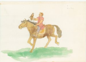 Ein mittelalterlicher Mann, der auf einem Pferd mit einem Raubvogel auf dem Arm reitet, 2004 von Judith Dobie