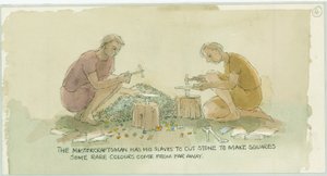 Zwei Figuren schneiden Steine für den Mosaikleger von Judith Dobie