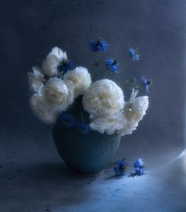 Dunkelblaues Blumenstillleben