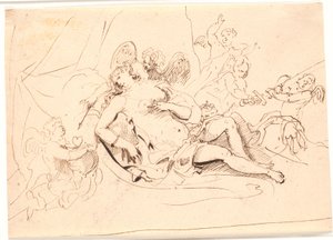 Ruhende Venusfigur, umgeben von sechs Putti, die mit Schwert, Pfeil und Herz spielen von Jürgen Ovens