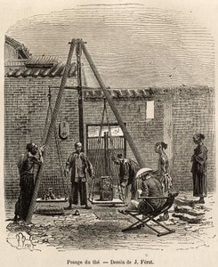 Das Wiegen des Tees vor seiner Expedition auf Handelsmärkten in einer Schießpulverfabrik in der Fati-Bucht (Provinz Kanton), graviert nach einer Zeichnung von J. Ferat zur Illustration der Reise nach China, von J. Thompson, 1870-1872, veröffentlicht in „Le