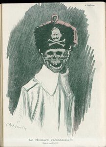Illustration von Abel Faivre (1867-1945) in „Fantasio“, 01/05/15 - Der dankbare Husar - Krieg von 14-18, Deutschland Preußen - Wilhelm II., Schnitter/Kamerad - Tod, Lächelnde Gesichter von Jules Abel Faivre