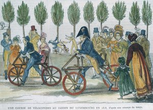 Ein Velocipede-Rennen im Jardin du Luxembourg im Jahr 1818 nach einem Stich der Zeit, graviert von P. Comte (19. Jahrhundert) von Jules Antoine Duvaux
