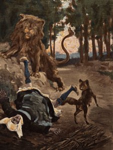 Eine Frau, die im Wald von Bievre Holz sammelt, erschreckt von einem Löwen und einem Fuchs. Pantagruel. Illustration von Jules Garnier. In „Rabelais et l