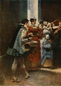 Am Eingang einer Kirche gibt Panurge einer Frau Weihwasser. Illustration von Jules Garnier. In "Rabelais et l