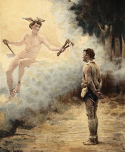 Mercure (Hermes) reicht Couillatris, einem Holzfäller aus dem Dorf Gravot bei Chinon, drei Äxte. Pantagruel. Illustration von Jules Garnier. In „Rabelais et l