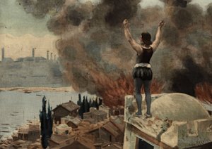 Panurge beobachtet Mytilene (Türkei) in Flammen. Pantagruel. Illustration von Jules Garnier. In „Rabelais et l