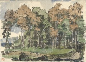Weg am Waldrand mit arbeitenden Bauern von Jules Chadel