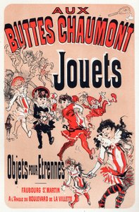 Aux Buttes Chaumont, Spielzeugladen in Paris. Plakat von Jules Cheret, Frankreich, um 1880