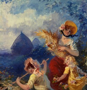 La Terre Allegorie, die junge Frauen darstellt, die Weizenbündel vor einem Erntehintergrund halten. Detail. Karton für Wandteppich von Jules Cheret (1836-1932) 20. Jahrhundert Nizza, Musée Cheret von Jules Cheret