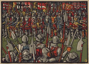Sieg der Schweizer über die Österreicher in der Schlacht bei Sempach, 9. Juli 1386 (Farblithografie)