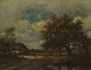 Das Häuschen am Straßenrand, stürmischer Himmel von Jules Dupré