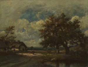 Das Häuschen am Straßenrand, stürmischer Himmel, ca. 1860 von Jules Dupré