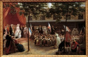 Helene-Louise von Mecklenburg-Schwerin, Herzogin von Orleans und ihr Sohn, der Graf von Paris, besuchen ein Pariser Asylzimmer von Jules Laure