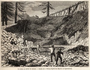Eine Bergbauansiedlung oder Werkstatt in Kalifornien, Zeichnung von Jules Pelcoq, zur Illustration der Reise von Baron de Wogan nach Kalifornien in den Jahren 1850-1852. Gravur in „Le tour du monde, nouveau journal des voyages“ Paris von Jules Pelcoq