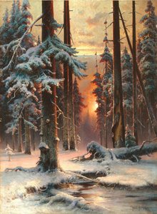 Wintersonnenuntergang im Tannenwald, 1889 von Juli Julievich Klever
