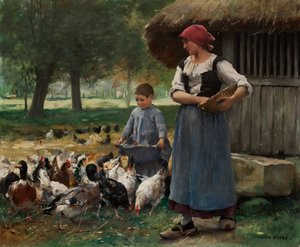 Bauernmädchen füttert Hühner