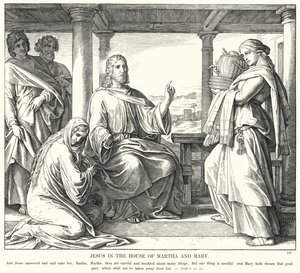 Jesus im Haus von Martha und Maria (Gravur) von Julius (after) Schnorr von Carolsfeld